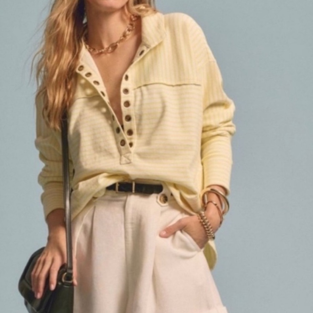 Pilcro Anthropologie yellow white stripe spliced Henley top sz xs LIKE NEW - Picture 2 of 7